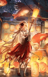 a girl in a red dress is standing in a room with lanterns