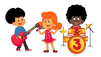 a boy playing a guitar a girl singing and a boy playing drums with the number 3 on them