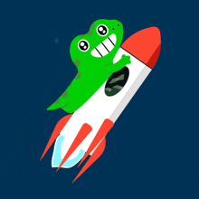 a green frog is riding a white and red rocket in the sky