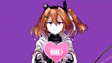 a purple background with a picture of a girl in a pink outfit