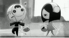 a black and white drawing of a boy and a girl with the girl wearing headphones