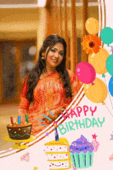 a woman stands in front of a birthday cake surrounded by balloons