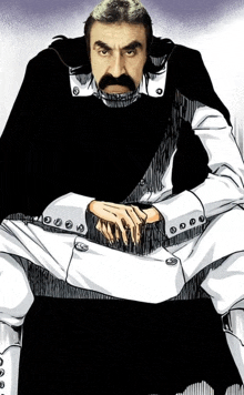 a drawing of a man with a beard wearing a black cape and white pants