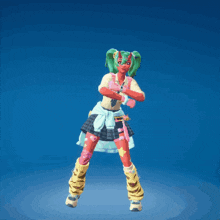 a girl with green hair and red skin is dancing in a video game