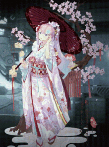 a girl in a kimono holding an umbrella