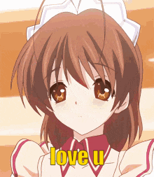 a girl with brown hair is wearing a maid outfit and says love u