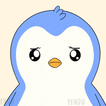 a blue and white penguin with an orange beak and the word pengu on the bottom right