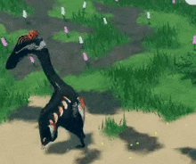 a black dinosaur is walking through a field of grass and flowers .