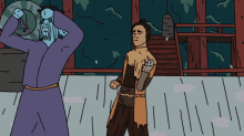 a cartoon drawing of a man in a purple robe standing next to another man in a yellow coat