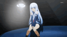 a girl with long white hair is sitting on a blue surface with the mbs logo in the background