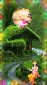 a painting of krishna playing the flute in the rain