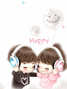 a boy and a girl wearing headphones and a balloon with the word happy on it