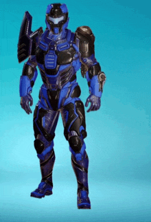 a blue and black futuristic soldier with a shield on his back