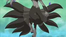 a cartoon character with nine tailed fox feet is standing on a blue background .