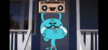 gumball from the amazing world of gumball is crying while holding a boombox over his head