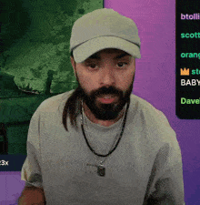 a man with a ponytail wearing a hat and a necklace with the word acne on the front