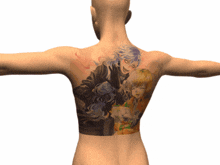 a person with a tattoo on their back that shows a man and a girl