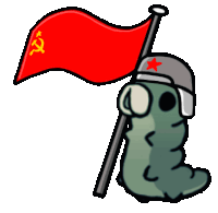 a cartoon worm wearing a helmet holds a red flag with the hammer and sickle on it