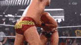 two men are wrestling in a wrestling ring and one of them is wearing red shorts with the word ecg on them
