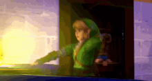 a cartoon character in a green outfit is standing in front of a fireplace