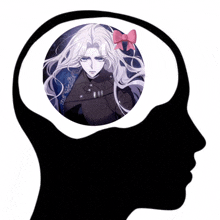a silhouette of a person 's head with a picture of a girl with white hair and a pink bow in her hair