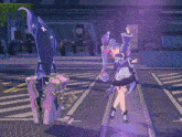 a girl with purple hair is standing next to a purple trunk
