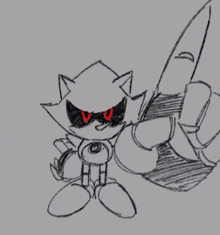 a black and white drawing of a metal sonic with red eyes