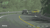 a video game screen shows a car driving down a road and the words replay at the bottom