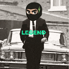 a man in a suit and tie is standing in front of a car that says legend on it