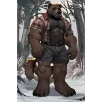 a bear with a plaid shirt and shorts stands in the snow