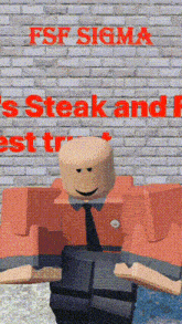 a roblox character is standing in front of a brick wall that says ' steak and fries ' on it