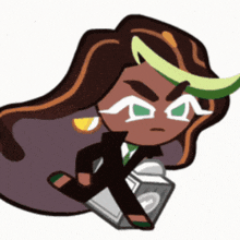 a cartoon character with long hair and horns is wearing a black suit