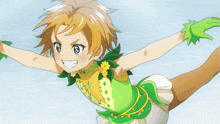 a little girl in a green and yellow dress is flying through the air