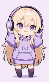 a girl wearing purple headphones and a purple hoodie