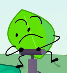 a green leaf with arms and legs is sitting on top of a purple object .