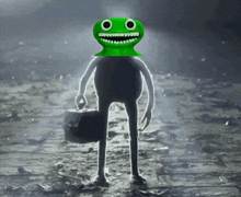 a cartoon character with a green face and a briefcase is standing in the dark .