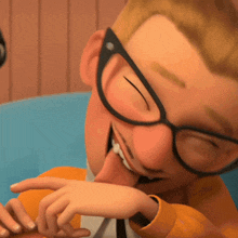a cartoon character wearing glasses and an orange jacket