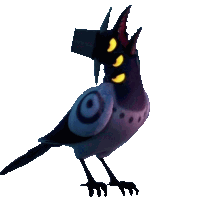 a cartoon bird with yellow eyes and a black hat on its head