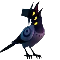 a cartoon bird with yellow eyes and a black hat on its head