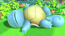 a cartoon turtle is laying down in the grass with flowers in the background