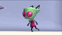 a cartoon character with a green head and a pink skirt is walking