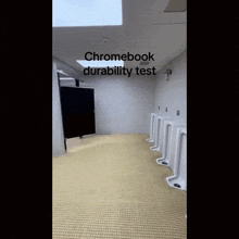 a bathroom with urinals and the words chromebook durability test on the top