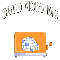 a penguin is sitting in a toy toaster with the words good morning above it