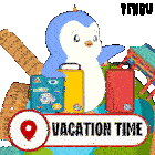 an illustration of a penguin with luggage and a sign that says " vacation time "