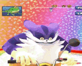 a purple and white cartoon character is riding a motorcycle with a frog in the background .
