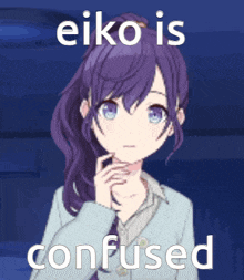 a girl with purple hair and blue eyes is confused