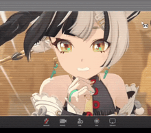 a computer screen shows a girl with a green eye and a black and white haircut