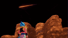 a cartoon character with blue hair is standing in front of a win sign