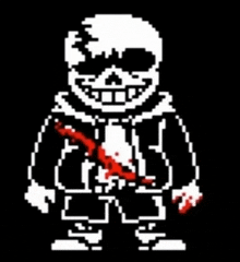 a pixel art of a skeleton with blood on his shirt .