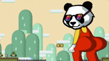 a cartoon panda wearing sunglasses and red pants